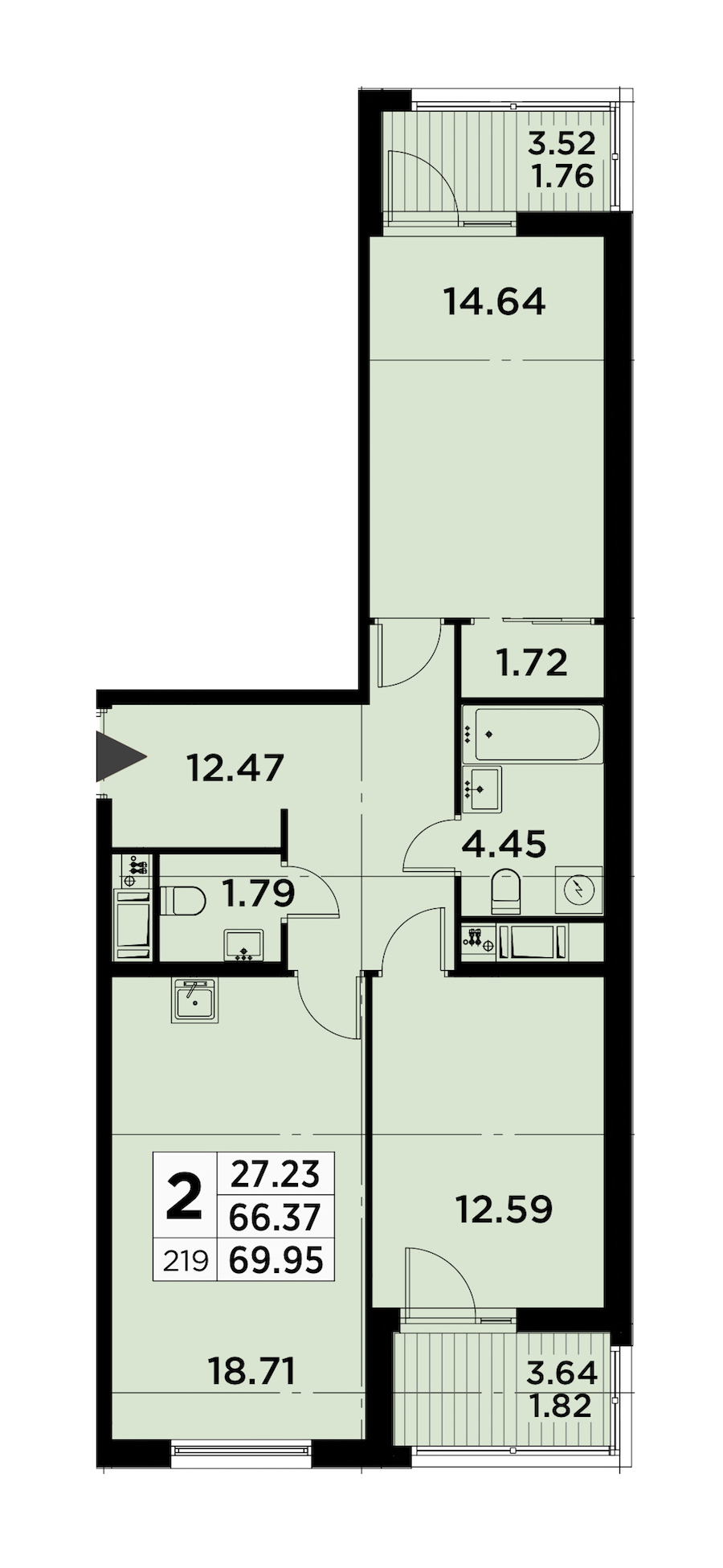2-комнатная квартира 69.95 м², 13/14 эт., ЖК «GloraX City Zanevsky»